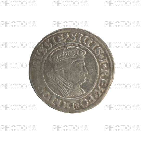 Prussian grosz, Sigismund I the Old (King of Poland; 1506–1548). Polish coin (Jagiellon dynasty). Obverse: Crowned male bust in profile turned to the right; in the rim between pearly borders an inscription: .SIGIS.I.REX.PO.DO.TO, RVSSIE Rw. Reverse: The Eagle of Royal Prussia; in the rim between the pearl borders the inscription: .GROSS.COM, RR.PRVSSIE.1534. Date: 1534. Place: Torun, Poland.