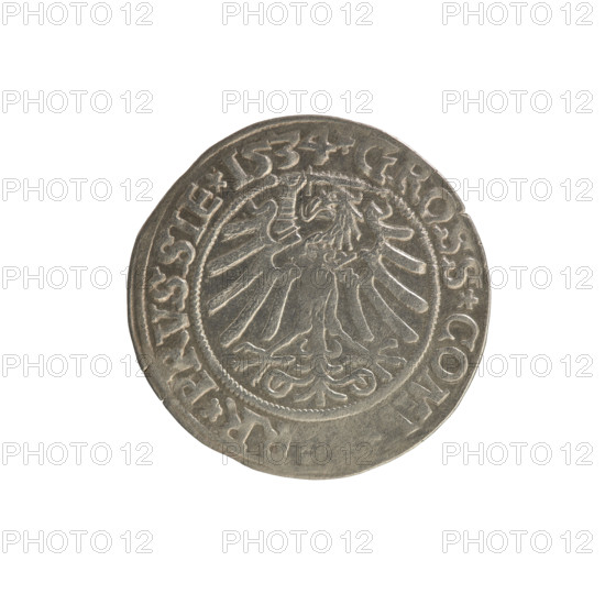 Prussian grosz, Sigismund I the Old (King of Poland; 1506–1548). Coin (grosz), 1534, Torun, Poland. Obverse: crowned male bust in profile turned to the right; in the rim between pearly borders an inscription: .SIGIS.I.REX.PO.DO.TO, RVSSIE Rw. Reverse: The Eagle of Royal Prussia; in the rim between the pearl borders the inscription: .GROSS.COM, RR.PRVSSIE.1534.