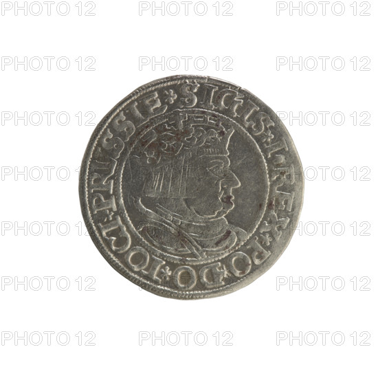 Prussian grosz, Sigismund I the Old (King of Poland; 1506–1548). Polish coin (1534), Torun. Obverse: Crowned male bust in profile turned to the right; in the rim between pearl borders an inscription: .SIGIS.I.REX.PO.DO.TOCI.PRVSSIE. Reverse: The Eagle of Royal Prussia; in the rim between the pearl borders the inscription: .GROSS.COMV.TERR.PRVSSIE.