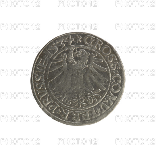 Prussian grosz, Sigismund I the Old (King of Poland; 1506–1548). Polish coin (Jagiellonian dynasty). Obverse: Crowned male bust in profile turned to the right; in the rim between pearl borders an inscription: .SIGIS.I.REX.PO.DO.TOCI.PRVSSIE. Reverse: The Eagle of Royal Prussia; in the rim between the pearl borders the inscription: .GROSS.COMV.TERR.PRVSSIE. Dated 1534. Torun, Poland. Coats of arms, eagles; royal bust; iconography of Sigismund I the Old.