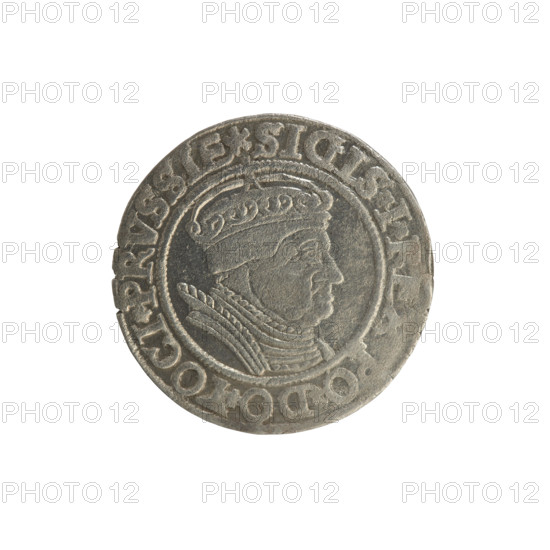 Prussian grosz, Sigismund I the Old (King of Poland; 1506–1548). Polish coin struck 1534, Torun. Obverse: Crowned male bust in profile to right, rim with pearly borders and inscription '.SIGIS.I., PO.DO.TOCI.PRVSSIE'. Reverse: Eagle of Royal Prussia, rim with pearly borders and inscription '.GROSS., ERR.PRVSSIE.1534'. Subjects: Jagiellonian dynasty, coats of arms, eagles, royal/male bust; iconography of Sigismund I the Old.