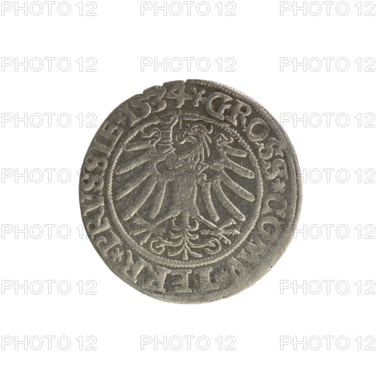 Prussian grosz, Sigismund I the Old (King of Poland; 1506–1548). Silver coin (grosz), 1534, Torun, Poland. Obverse: Crowned male bust in profile turned to the right, rim inscription: .SIGIS.I., PO.DO.TOCI.PRVSSIE. Reverse: The Eagle of Royal Prussia, rim inscription: .GROSS., ERR.PRVSSIE.1534. Iconography: royal bust, coats of arms, eagles.