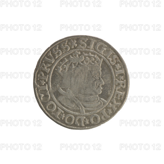 Prussian grosz, Sigismund I the Old (King of Poland; 1506–1548). Silver coin (grosz), 1534, Torun, Poland. Obverse: Crowned royal male bust in profile facing right; rim inscription: .SIGIS.I.REX.PO.DO.TOCI.PRVSS. Reverse: The Eagle of Royal Prussia; rim inscription: .GROSS.COMV.TERR.PRVSSIE.1534. Themes: Jagiellon dynasty, coats of arms, eagles, royal iconography; depiction relates to Sigismund I the Old (1467–1548).
