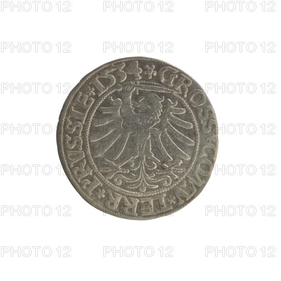Prussian grosz, Sigismund I the Old (King of Poland; 1506–1548). Polish coin (Jagiellon dynasty). Obverse: Crowned male bust in profile turned to the right; in the rim between pearl borders an inscription: .SIGIS.I.REX.PO.DO.TOCI.PRVSS Rv: The Eagle of Royal Prussia; in the rim between the pearl borders the inscription: .GROSS.COMV.TERR.PRVSSIE.1534. Dated 1534. Torun, Poland.