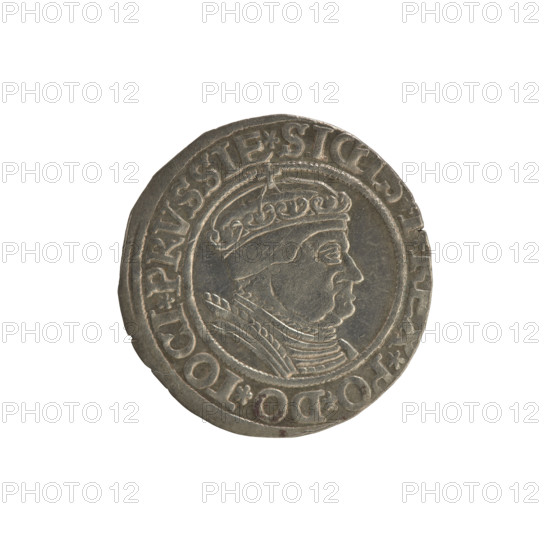 Prussian grosz, Sigismund I the Old (King of Poland; 1506–1548). Obverse: Crowned male bust in profile turned to the right; in the rim between pearly borders an inscription: .SIGI, X.PO.DO.TOCI.PRVSSIE. Reverse: The Eagle of Royal Prussia; in the rim between the pearl borders the inscription: .GROSS.COMV.TERR.PRVSSIE. Date: 1534. Poland, Torun. Subjects: Polish coins; Jagiellon dynasty; coats of arms; eagles; royal/male bust; iconography of Sigismund I the Old.