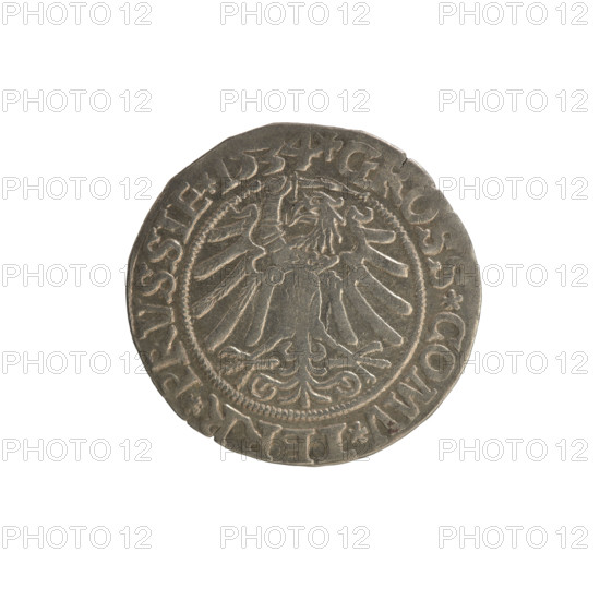 Prussian grosz, Sigismund I the Old (King of Poland; 1506–1548). Polish coin, Jagiellon dynasty. Obverse: Crowned male bust in profile turned to the right; in the rim between pearly borders an inscription: .SIGI, X.PO.DO.TOCI.PRVSSIE. Reverse: The Eagle of Royal Prussia; in the rim between the pearly borders the inscription: .GROSS.COMV.TERR.PRVSSIE. Dated 1534. Torun, Poland.