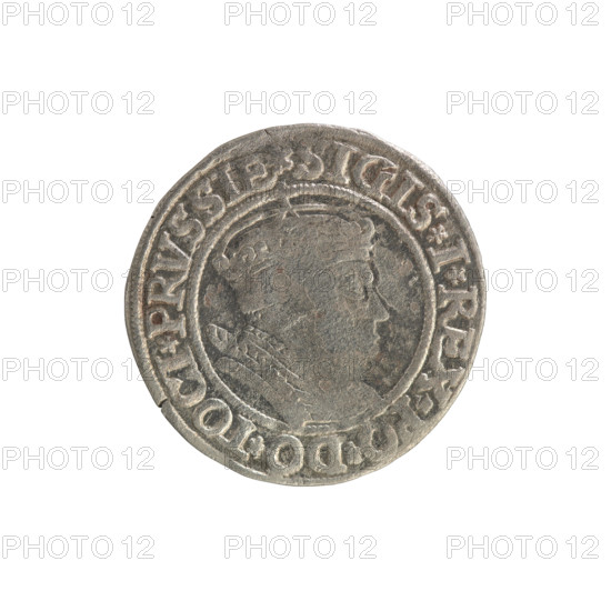 Prussian grosz, Sigismund I the Old (King of Poland; 1506–1548). Silver coin (grosz), 1534, Torun, Poland. Obverse: Crowned male royal bust in profile turned to the right; in the rim between pearl borders an inscription: .SIGIS.I.REX.PO.DO.TOCI.PRVSSIE. Reverse: The Eagle of Royal Prussia; in the rim between the pearl borders the inscription: .ROSS.COMV.TE.PR VSSIE.