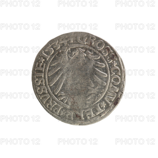 Prussian grosz, Sigismund I the Old (King of Poland; 1506–1548). Silver coin, 1534. Obverse: Crowned male bust in profile turned to the right; in the rim between pearl borders the inscription '.SIGIS.I.REX.PO.DO.TOCI.PRVSSIE'. Reverse: The Eagle of Royal Prussia; in the rim between the pearl borders the inscription '.ROSS.COMV.TE.PR VSSIE.1534'. Subject: royal bust and coats of arms (eagle). Minted in Torun, Poland.