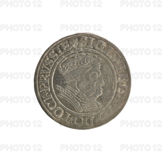 Prussian grosz, Sigismund I the Old (King of Poland; 1506–1548). Silver coin (grosz), 1534, Torun, Poland. Obverse: Crowned male (royal) bust in profile turned right; rim between pearly borders with inscription '.SIGIS.I.RE, .DO.TOCI.PRVSSIE'. Reverse: Eagle of Royal Prussia; rim between pearly borders with inscription '.GROSS.COMV.TERR.PRVSSIE.1534'. Subjects/styles: Polish coinage, Jagiellonian dynasty, coats of arms, eagles, royal portrait; iconography of Sigismund I the Old.