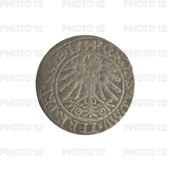 Prussian grosz, Sigismund I the Old (King of Poland; 1506–1548). Obverse: Crowned male bust in profile turned to the right; in the rim between pearly borders an inscription: .SIGIS.I.RE, .DO.TOCI.PRVSSIE. Reverse: The Eagle of Royal Prussia; in the rim between the pearl borders the inscription: .GROSS.COMV.TERR.PRVSSIE. Dated 1534. Poland, Torun. Subjects/themes: Polish coins; Jagiellonians (dynasty); coats of arms; eagles; royal bust; Sigismund I the Old — iconography. Materials/style: coin.