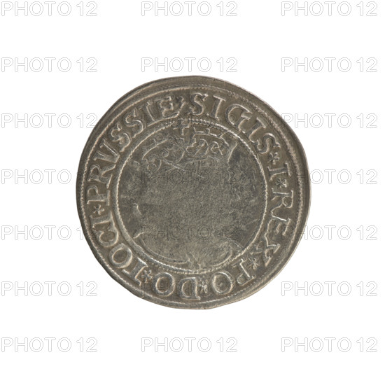 Prussian grosz, Sigismund I the Old (King of Poland; 1506–1548). Polish coin (Jagiellonian dynasty). Obverse: Crowned male bust in profile turned to the right; in the rim between pearl borders an inscription: .SIGIS.I.REX.PO.DO.TOCI.PRVSSIE. Reverse: The Eagle of Royal Prussia; in the rim between the pearl borders the inscription: .GROSS.COMV.TERR.PRVSSIE. 1534. Torun, Poland. Subjects: coats of arms, eagles, male/royal bust; iconography of Sigismund I the Old. Materials: coin.