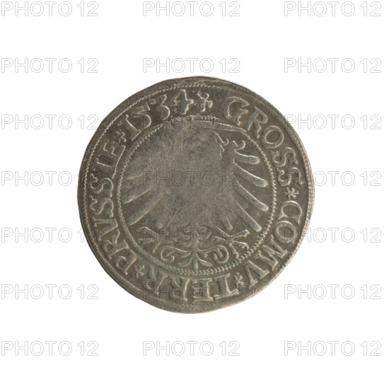 Prussian grosz, Sigismund I the Old (King of Poland; 1506–1548). Polish coin (Jagiellonian dynasty). Obverse: Crowned male bust in profile turned to the right; in the rim between pearl borders an inscription: .SIGIS.I.REX.PO.DO.TOCI.PRVSSIE. Reverse: The Eagle of Royal Prussia; in the rim between the pearl borders the inscription: .GROSS.COMV.TERR.PRVSSIE. Dated 1534. Poland, Torun. Coats of arms, eagles; royal male bust; iconography of Sigismund I the Old.