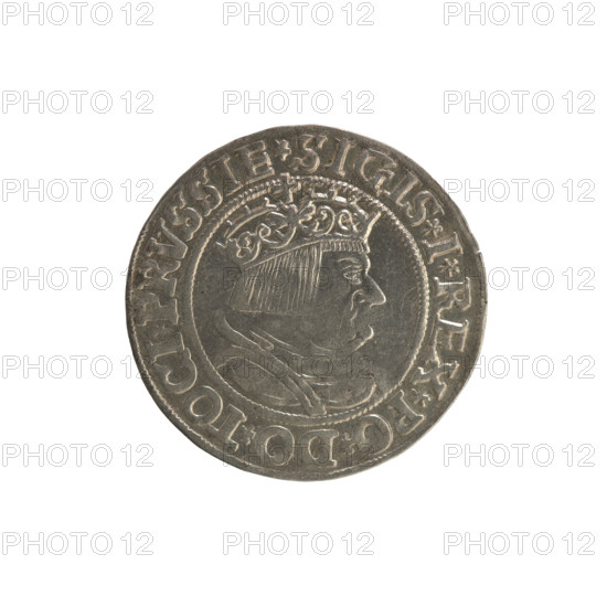 Prussian grosz, Sigismund I the Old (King of Poland; 1506–1548), Polish coin, Jagiellonian dynasty; motifs: coats of arms, eagles, royal male bust. Obverse: Crowned male bust in profile facing right; rim between pearl borders inscribed '.SIGIS.I.REX.PO.DO.TOCI.PRVSSIE'. Reverse: The Eagle of Royal Prussia; rim between pearl borders inscribed '.GROSS.COMV.TERR.PRVSSIE.1534'. Date: 1534. Place: Torun, Poland.