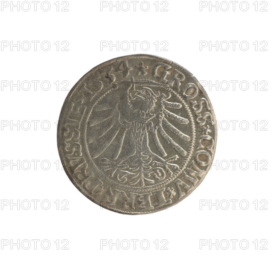 Prussian grosz, Sigismund I the Old (King of Poland; 1506–1548). Silver coin (grosz), 1534, Torun, Poland. Obverse: Crowned male (royal) bust in profile facing right; rim between pearl borders with inscription '.SIGIS.I.REX.PO.DO.TOCI.PRVSSIE'. Reverse: Eagle of Royal Prussia; rim between pearl borders with inscription '.GROSS.COMV.TERR.PRVSSIE.1534'. Iconography: coats of arms, eagles; male/royal bust; Jagiellonian dynasty.