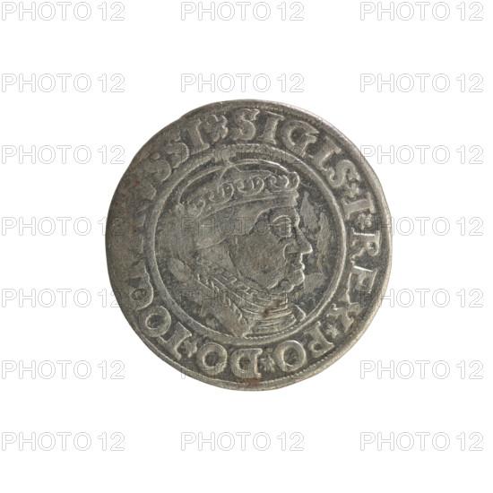 Prussian grosz, Sigismund I the Old (King of Poland; 1506–1548). Polish coin (1534, Torun). Obverse: Crowned male bust in profile turned to the right, in the rim between pearly borders an inscription: .SIGIS.I.REX.PO.DO.TOC, SI Rw. Reverse: The Eagle of Royal Prussia, in the rim between the pearl borders the inscription: .GROSS.COMV..PRVSSIE.1534. Subjects/themes: Jagiellonians (dynasty), coats of arms, eagles, royal bust, iconography of Sigismund I the Old. Materials/style: coin.
