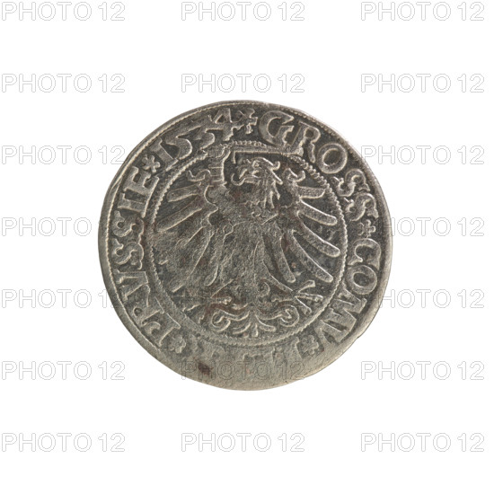 Prussian grosz, Sigismund I the Old (King of Poland; 1506–1548). Polish coin, Jagiellonian dynasty. Obverse: crowned male bust in profile facing right, rim inscription: .SIGIS.I.REX.PO.DO.TOC. Reverse: Eagle of Royal Prussia, rim inscription: .GROSS.COMV..PRVSSIE.1534. Dated 1534. Torun, Poland. Subjects: coats of arms, eagles, royal/male bust; iconography of Sigismund I the Old.