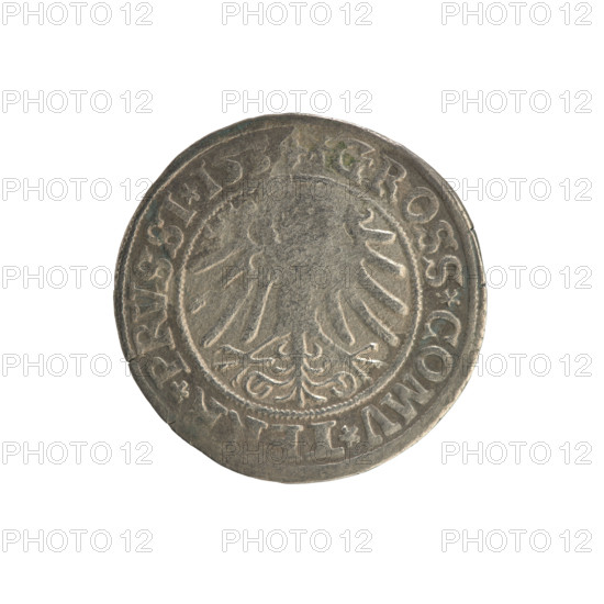 Prussian grosz, Sigismund I the Old (King of Poland; 1506–1548). Obverse: Crowned male bust in profile turned to the right; in the rim between pearl borders an inscription: SIGIS.I.REX.PO.DO.TOCI.PRVSSIE. Reverse: The Eagle of Royal Prussia; in the rim between the pearl borders the inscription: .GROSS.COMV.TERR.PRVSSI.1534. 1534. Polish coin from Torun. Features: Jagiellon dynasty, coats of arms, eagles, royal bust; iconography of Sigismund I the Old.