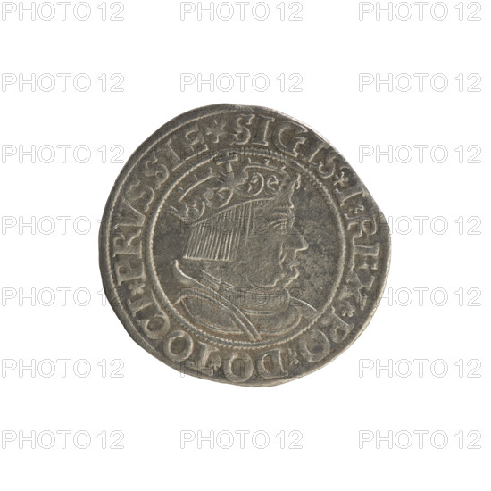 Prussian grosz, Sigismund I the Old (King of Poland; 1506–1548). Polish coin (1534), Jagiellonian dynasty. Obverse: Crowned male royal bust in profile facing right; rim between pearl borders inscribed '.SIGIS.I.REX.PO.DO.TOCI.PRVSSIE'. Reverse: The Eagle of Royal Prussia; rim between pearl borders inscribed '.GROSS.COMV.TERR.PRVSSIE.1534'. Minted in Torun, Poland.