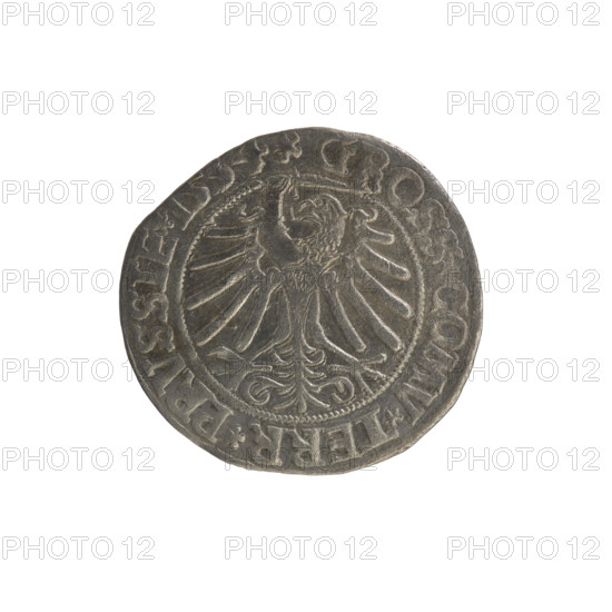 Prussian grosz, Sigismund I the Old (King of Poland; 1506–1548); Polish coin, Jagiellonian dynasty. Obverse: Crowned male bust in profile turned right; rim inscription: .SIGIS.I.REX.PO.DO.TOCI.PRVSSIE. Reverse: Eagle of Royal Prussia; rim inscription: .GROSS.COMV.TERR.PRVSSIE. Date: 1534. Mint: Torun, Poland.