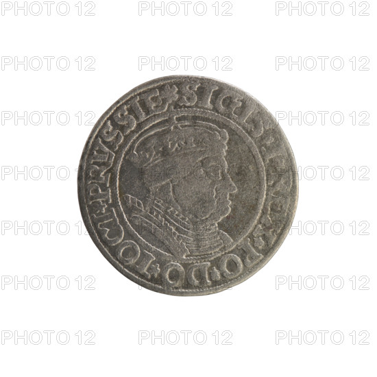 Prussian grosz, Sigismund I the Old (King of Poland; 1506–1548); Polish coin, Jagiellonian dynasty. Obverse: Crowned male bust in profile turned right; in rim between pearl borders an inscription: .SIGIS.I.REX.PO.DO.TOCI.PRVSSIE. Reverse: The Eagle of Royal Prussia; in rim between pearl borders the inscription: .GROSS.COMV.TERR.PRVSSIE. Date: 1534. Place: Torun, Poland.