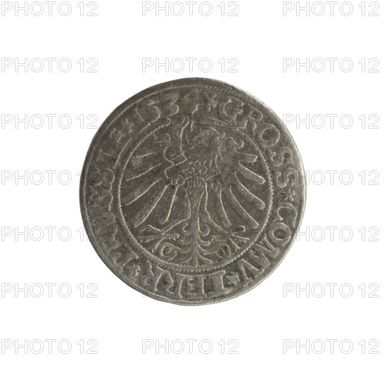 Prussian grosz, Sigismund I the Old (King of Poland; 1506–1548). Silver coin (grosz), 1534, Torun, Poland. Obverse: crowned male bust of Sigismund I in profile facing right; in rim between pearl borders the inscription '.SIGIS.I.REX.PO.DO.TOCI.PRVSSIE'. Reverse: the Eagle of Royal Prussia; in rim between pearl borders the inscription '.GROSS.COMV.TERR.PRVSSIE.1534'. Subjects/themes: Polish coins, Jagiellonian dynasty, coats of arms, eagles, royal bust, iconography of Sigismund I.