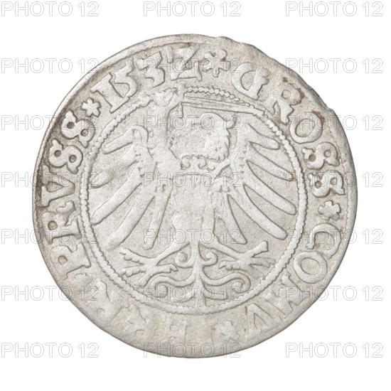 Prussian grosz, Sigismund I the Old (King of Poland; 1506–1548). Obverse: Crowned male bust in profile turned to the right, inscription in rim between pearl borders: .SIGIS.I.REX.PO.DO., OCI.PRV Rw. Reverse: The Eagle of Royal Prussia, inscription in rim between pearl borders: .GROSS.COMV., .PRVSS.153Z. Dated 1532. Torun, Poland. Subjects/emblems: eagles, Jagiellonian dynasty, emblems, Eagle (emblem), male/royal bust; iconography of Sigismund I the Old. Coin; Polish coin.