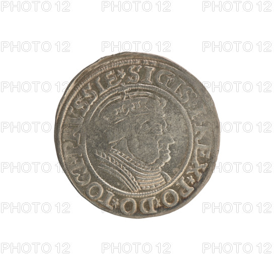 Prussian grosz, Sigismund I the Old (King of Poland; 1506–1548). Silver coin (grosz), 1534, Torun, Poland. Obverse: crowned male bust in profile facing right; rim between pearly borders inscribed '.SIGIS., .REX.PO.DO.TOCI.PRVSSIE'. Reverse: the Eagle of Royal Prussia; rim between pearly borders inscribed '.GROSS.COMV.TERR.PRVSSIE.1534'. Subjects and motifs: coats of arms, eagles, male/royal bust; iconography of Sigismund I the Old.