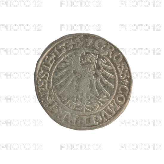 Prussian grosz, Sigismund I the Old (King of Poland; 1506–1548). Polish coin dated 1534, Torun. Obverse: Crowned male bust in profile facing right; in rim between pearl borders an inscription: .SIGIS., .REX.PO.DO.TOCI.PRVSSIE. Reverse: Eagle of Royal Prussia; in rim between pearl borders the inscription: .GROSS.COMV.TERR.PRVSSIE.