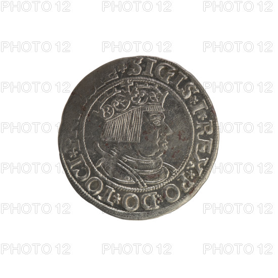Prussian grosz, Sigismund I the Old (King of Poland; 1506–1548). Silver coin (grosz), 1534, Torun, Poland. Obverse: Crowned royal bust of Sigismund I in profile facing right; rim inscription between pearl borders: .SIGIS.I.REX.PO.DO.TOCI. Reverse: Eagle of Royal Prussia; rim inscription between pearl borders: .GROSS.COMV.TERR. 1534. Subjects/features: Jagiellon dynasty, coats of arms, eagles, royal/male bust, iconography of Sigismund I.