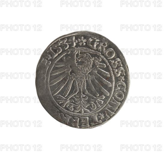 Prussian grosz, Sigismund I the Old (King of Poland; 1506–1548). Obverse: Crowned male bust in profile turned to the right; rim between pearl borders with inscription '.SIGIS.I.REX.PO.DO.TOCI.' Reverse: The Eagle of Royal Prussia; rim between pearl borders with inscription '.GROSS.COMV.TERR.' Dated 1534. Poland, Torun. Subjects: Polish coin, Jagiellon dynasty, coats of arms, eagles, royal bust; iconography of Sigismund I the Old. Materials: coin (metal).