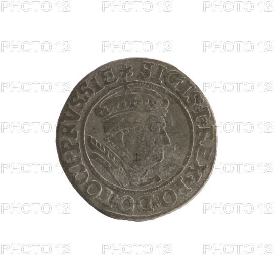 Prussian grosz, Sigismund I the Old (King of Poland; 1506–1548). Silver coin (grosz), 1534, Torun, Poland. Obverse: crowned male bust in profile turned to the right; in the rim between pearl borders an inscription: .SIGIS.I.REX.PO.DO.TOCI.PRVSSIE. Reverse: the Eagle of Royal Prussia; in the rim between the pearl borders the inscription: .GROSS.COMV.TERR.PRVSSIE. Subjects/iconography: Sigismund I the Old; coats of arms; eagles; royal bust.