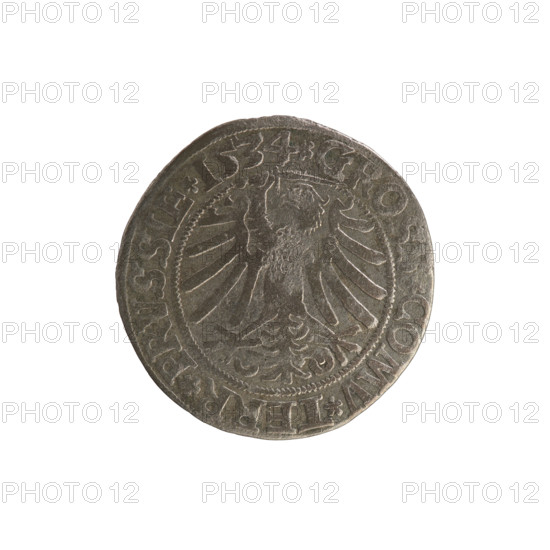 Prussian grosz, Sigismund I the Old (King of Poland; 1506–1548). Polish coin, Jagiellonian dynasty. Coins features: coats of arms, eagles, male royal bust. Iconography: Obverse — Crowned male bust in profile turned to the right; in the rim between pearl borders an inscription: .SIGIS.I.REX.PO.DO.TOCI.PRVSSIE. Reverse — The Eagle of Royal Prussia; in the rim between the pearl borders the inscription: .GROSS.COMV.TERR.PRVSSIE. Dated 1534. Torun, Poland.