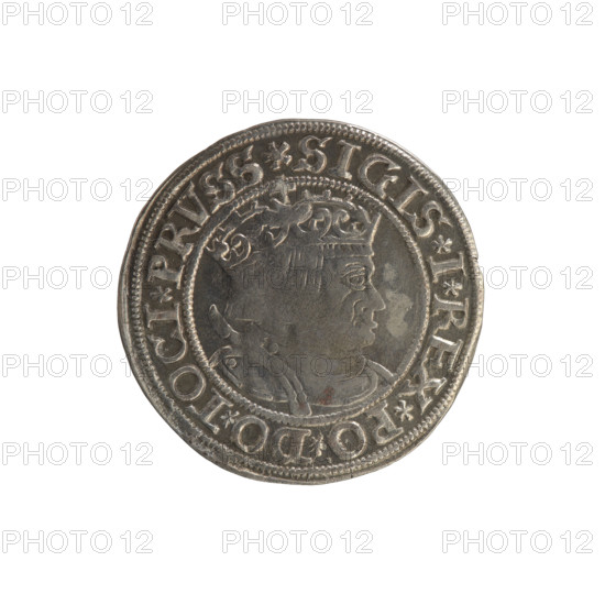 Prussian grosz, Sigismund I the Old (King of Poland; 1506–1548). Obverse: Crowned male bust in profile turned to the right, in the rim between pearl borders an inscription: .SIGIS.I.REX.PO.DO.TOCI.PRVSS. Reverse: The Eagle of Royal Prussia, in the rim between the pearl borders the inscription: .GROSS.COMV.TERR.PRVSSIE.1534. 1534. Torun, Poland. Subjects: Polish coins; Jagiellons (dynasty); coats of arms; eagles; royal bust; Sigismund I the Old — iconography. Materials/function: coin.