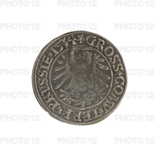 Prussian grosz, Sigismund I the Old (King of Poland; 1506–1548). Obverse: Crowned male bust in profile turned to the right; in the rim between pearl borders an inscription: .SIGIS.I.REX.PO.DO.TOCI.PRVSS Rv: The Eagle of Royal Prussia; in the rim between the pearl borders the inscription: .GROSS.COMV.TERR.PRVSSIE.1534. Date: 1534. Material: coin. Place: Torun, Poland. Subjects: Jagiellon dynasty, coats of arms, eagles, royal bust; iconography of Sigismund I the Old.