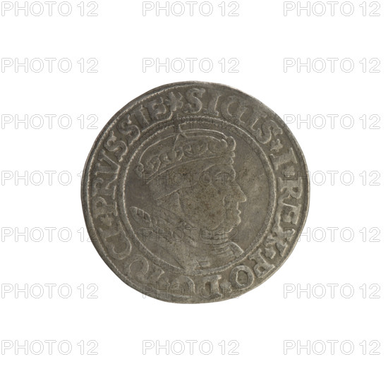 Prussian grosz, Sigismund I the Old (King of Poland; 1506–1548); Polish coin (Jagiellonian dynasty). Obverse: Crowned male bust in profile turned to the right; rim inscription: .SIGIS.I.REX.PO.DO.TOCI.PRVSSIE. Reverse: The Eagle of Royal Prussia; rim inscription: .GROSS.COMV.TERR.PRVSSIE. 1534. Torun, Poland.