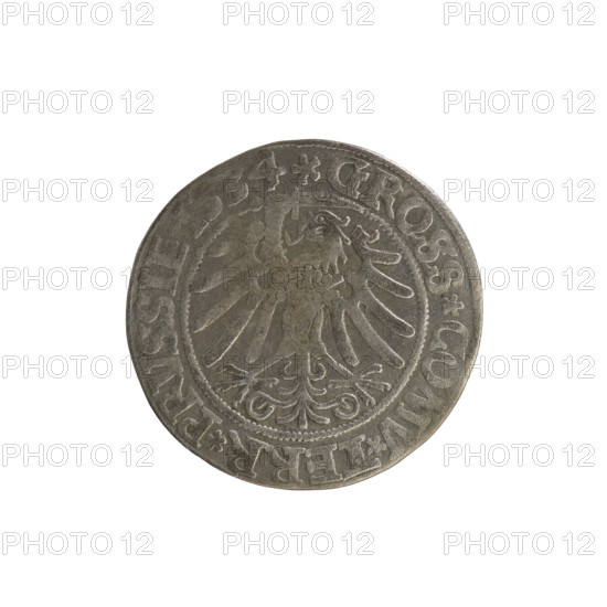Prussian grosz, Sigismund I the Old (King of Poland; 1506–1548); Polish coin, Jagiellonian dynasty. Obverse: Crowned male bust in profile turned to the right; in the rim between pearl borders an inscription: .SIGIS.I.REX.PO.DO.TOCI.PRVSSIE. Reverse: The Eagle of Royal Prussia; in the rim between the pearl borders the inscription: .GROSS.COMV.TERR.PRVSSIE. 1534. Torun, Poland.