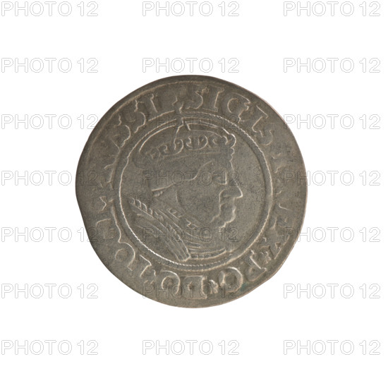 Prussian grosz, Sigismund I the Old (King of Poland; 1506–1548). Silver coin (grosz), 1535, Torun, Poland. Obverse: Crowned male royal bust in profile facing right; rim inscription between pearl borders: 'SIGIS. EX. PO. DO. TOCI. VSSIE'. Reverse: Eagle of Royal Prussia; rim inscription between pearl borders: 'GROSS. COMV. TE. R. SIE. 1535'. Subjects/icons: Jagiellon dynasty, coats of arms, eagles, royal bust; iconography of Sigismund I the Old.