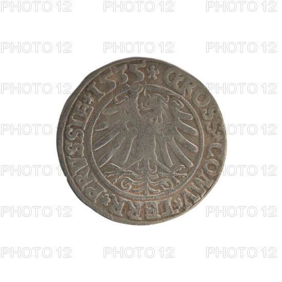 Prussian grosz, Sigismund I the Old (King of Poland; 1506–1548). Silver coin (grosz), 1535, Torun, Poland. Obverse: crowned male bust of Sigismund I in profile facing right; in the rim between pearl borders the inscription '.SIGIS.I.REX.PO.DO.TOCI.PRVSSIE'. Reverse: the Eagle of Royal Prussia; in the rim between the pearl borders the inscription '.GROSS.COMV.TERR.PRVSSIE.1535'. Subjects/themes: Polish coins, Jagiellonian dynasty, coats of arms, eagles, royal bust, iconography of Sigismund I the Old.