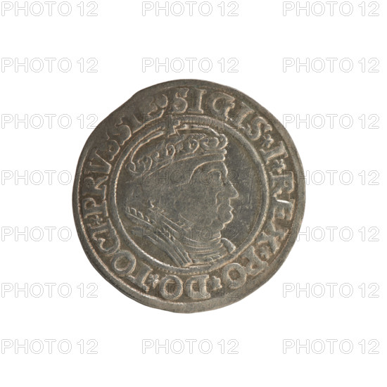 Prussian grosz, Sigismund I the Old (King of Poland; 1506–1548). Silver coin (grosz), 1535, Torun, Poland. Obverse: Crowned male royal bust in profile facing right; rim inscription between pearl borders: .SIGIS.I.REX.PO.DO.TOCI.PRVSSIE. Reverse: The Eagle of Royal Prussia; rim inscription between pearl borders: .GROSS.COMV.TERR.PRVSSIE. Subjects/themes: Polish coinage, Jagiellonian dynasty, coats of arms, eagles, royal bust, iconography of Sigismund I the Old.
