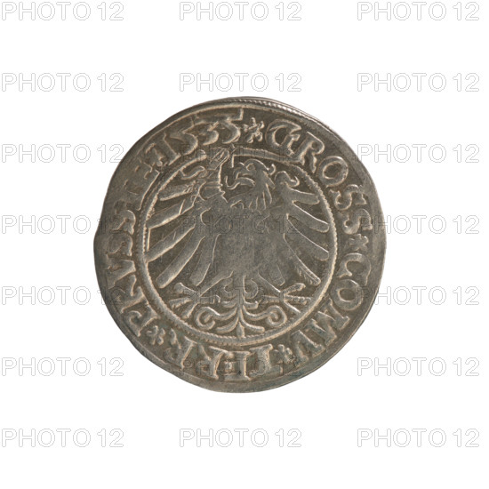 Prussian grosz, Sigismund I the Old (King of Poland; 1506–1548). Obverse: Crowned male bust in profile turned to the right; in the rim between pearl borders an inscription: .SIGIS.I.REX.PO.DO.TOCI.PRVSSIE. Reverse: The Eagle of Royal Prussia; in the rim between the pearl borders the inscription: .GROSS.COMV.TERR.PRVSSIE. 1535. Polish coin, Torun. Subjects: Jagiellonians dynasty, coats of arms, eagles, royal bust, Sigismund I the Old — iconography.