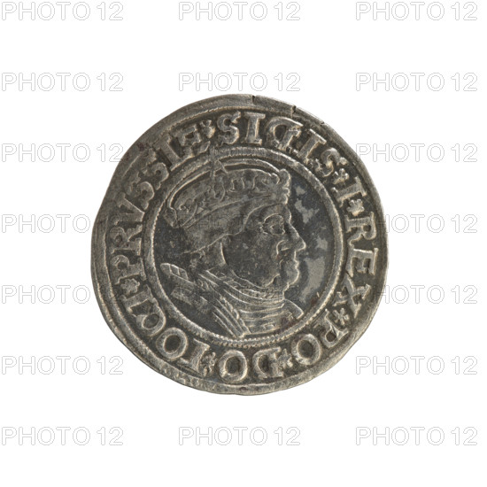 Prussian grosz, Sigismund I the Old (King of Poland; 1506–1548). Polish coin from 1535. Obverse: crowned male bust in profile turned to the right; rim inscription: .SIGIS.I.REX.PO.DO.TOCI.PRVSSIE. Reverse: the Eagle of Royal Prussia; rim inscription: .GROSS.COMV.TERR.PRVSSIE. Features coats of arms, eagles, royal/male bust iconography; Torun, Poland.