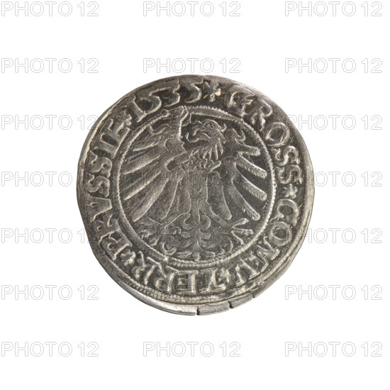 Prussian grosz, Sigismund I the Old (King of Poland; 1506–1548). Coin (1535). Obverse: Crowned male bust in profile turned to the right; in the rim between pearl borders an inscription: .SIGIS.I.REX.PO.DO.TOCI.PRVSSIE. Reverse: The Eagle of Royal Prussia; in the rim between the pearl borders the inscription: .GROSS.COMV.TERR.PRVSSIE. Minted in Torun, Poland. Subjects/themes: Polish coins, Jagiellonians (dynasty), coats of arms, eagles, male/royal bust, iconography of Sigismund I the Old.