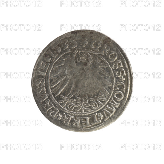 Prussian grosz, Sigismund I the Old (King of Poland; 1506–1548). Obverse: Crowned royal bust in profile turned right with rim inscription .SIGIS.I.REX.PO.DO.TO. Reverse: The Eagle of Royal Prussia with rim inscription .GROSS.COMV.TERR.PRVSSIE.1535. Minted 1535, Torun, Poland. Subjects: Polish coin, Jagiellon dynasty, coats of arms, eagles, royal male bust; iconography of Sigismund I the Old.