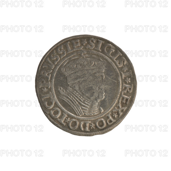 Prussian grosz, Sigismund I the Old (King of Poland; 1506–1548). Obverse: Crowned male bust in profile turned to the right; in the rim between pearl borders an inscription: .SIGIS.I.REX.PO.DO.TOCI.PRVSSIE. Reverse: The Eagle of Royal Prussia; in the rim between the pearl borders the inscription: .GROSS.COMV.TERR.PRVSSIE. 1535. Poland, Torun; Polish coin; Jagiellonian dynasty; coats of arms; eagles; royal bust; iconography.