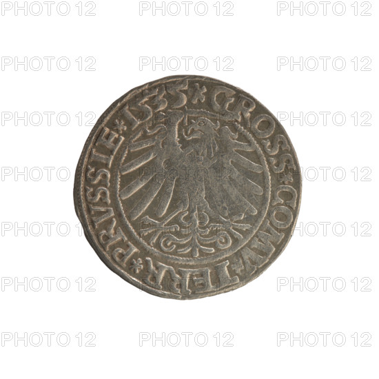 Prussian grosz, Sigismund I the Old (King of Poland; 1506–1548); Polish coin, Jagiellonian dynasty. Obverse: Crowned male bust in profile turned to the right; in the rim between pearl borders an inscription: .SIGIS.I.REX.PO.DO.TOCI.PRVSSIE. Reverse: The Eagle of Royal Prussia; in the rim between the pearl borders the inscription: .GROSS.COMV.TERR.PRVSSIE. 1535. Torun, Poland.