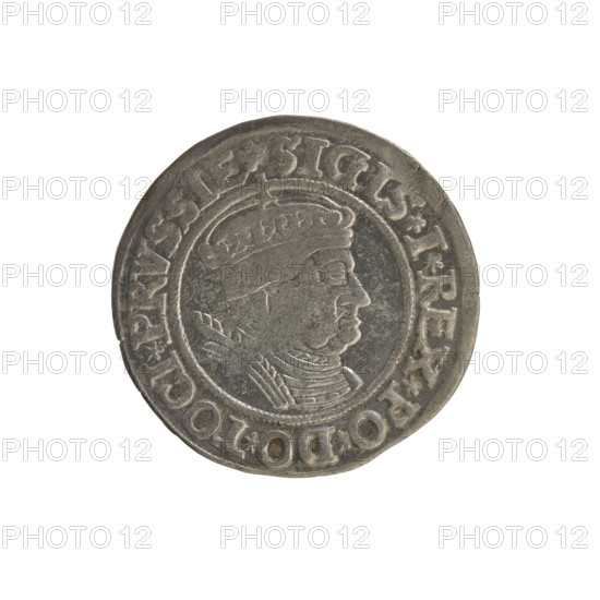 Prussian grosz, Sigismund I the Old (King of Poland; 1506–1548). Silver coin (grosz), 1535, Torun, Poland. Obverse: crowned male bust in profile turned to the right; in the rim between pearl borders the inscription: .SIGIS.I.REX.PO.DO.TOCI.PRVSSIE. Reverse: the Eagle of Royal Prussia; in the rim between the pearl borders the inscription: .GROSS.COMV.TERR.PRVSSIE. Subjects/features: Polish coins; Jagiellonian dynasty; coats of arms; eagles; royal/male bust; iconography of Sigismund I the Old.