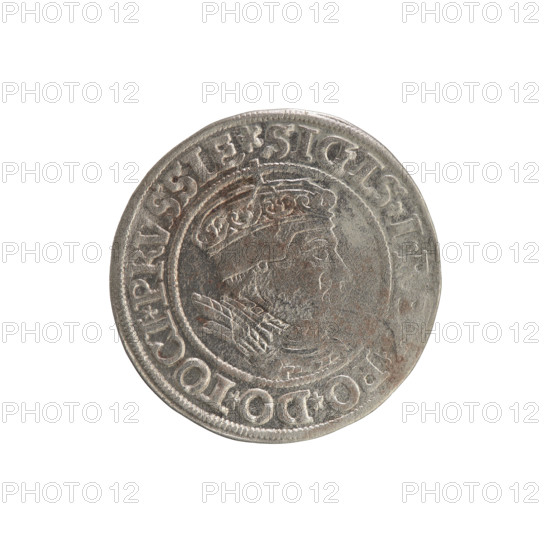Prussian grosz, Sigismund I the Old (King of Poland; 1506–1548). Obverse: Crowned male bust in profile turned to the right; in the rim between pearly borders an inscription: .SIGIS.IR, .PO.DO.TOCI.PRVSSIE Rv.: The Eagle of Royal Prussia; in the rim between the pearl borders the inscription: .GROSS.COMV.TERR.PRVSSIE.1535. 1535. Poland, Torun. Subjects/themes: Polish coins, Jagiellon dynasty, coats of arms, eagles, royal bust; iconography: Sigismund I the Old. Materials/function: coin.
