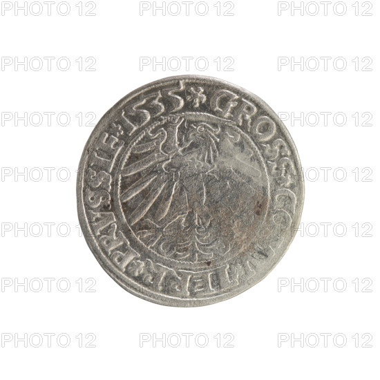 Prussian grosz, Sigismund I the Old (King of Poland; 1506–1548). Silver coin (grosz), 1535, Torun, Poland. Obverse: Crowned male/royal bust in profile turned to the right; rim inscription: .SIGIS.IR, .PO.DO.TOCI.PRVSSIE. Reverse: Eagle of Royal Prussia; rim inscription: .GROSS.COMV.TERR.PRVSSIE. Mentions: Polish coins; Jagiellon dynasty; coats of arms; eagles; royal bust; iconography of Sigismund I the Old.