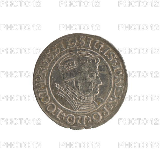 Prussian grosz, Sigismund I the Old (King of Poland; 1506–1548); Polish coin, Jagiellonian dynasty. Obverse: Crowned male royal bust in profile turned to the right; in the rim between pearl borders an inscription: .SIGIS.I.REX.PO.DO.TOCI.PRVSSIE. Reverse: The Eagle of Royal Prussia; in the rim between the pearl borders the inscription: .GROSS.COMV.TER, PRVSSIE. 1535. Minted in Torun, Poland.