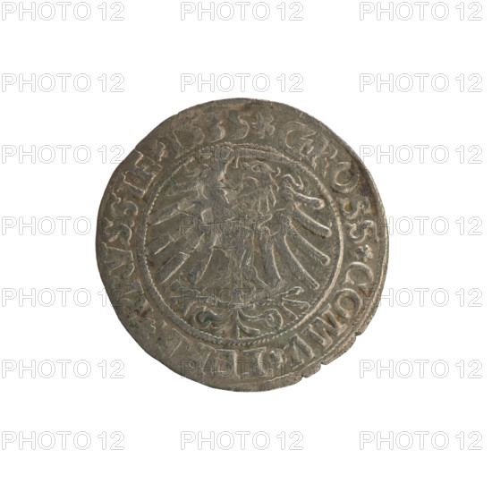 Prussian grosz, Sigismund I the Old (King of Poland; 1506–1548). Coin (grosz), 1535, Torun, Poland. Obverse: Crowned male bust in profile facing right; in the rim between pearl borders an inscription: .SIGIS.I.REX.PO.DO.TOCI.PRVSSIE. Reverse: The Eagle of Royal Prussia; in the rim between the pearl borders the inscription: .GROSS.COMV.TER, PRVSSIE.